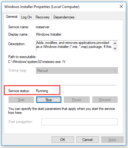 certifique-se de que o status do serviço do Windows Installer está em execução