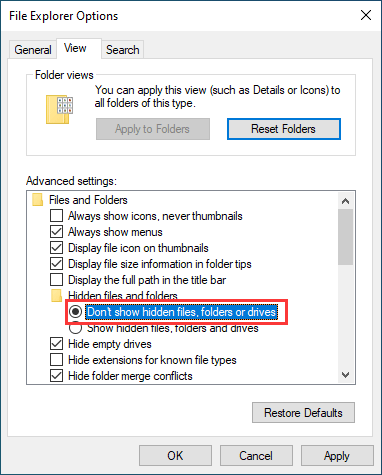 Не показывать скрытые файлы, папки или диски