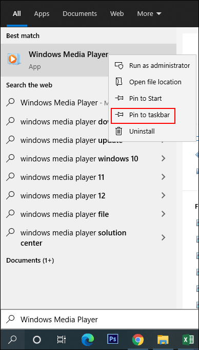 закрепить Windows Media Player на панели задач