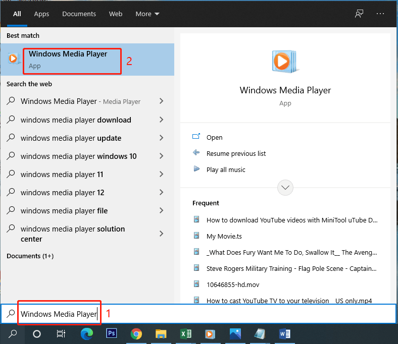 используйте поиск Windows, чтобы открыть проигрыватель Windows Media