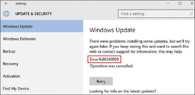 Ошибка обновления Windows 0x8024000B