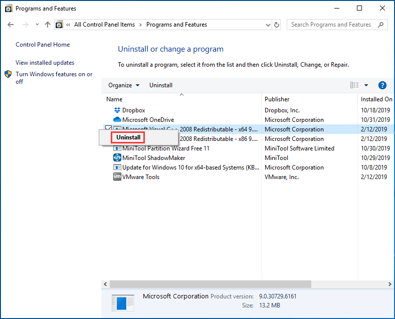 удалить распространяемый пакет Microsoft Visual C ++