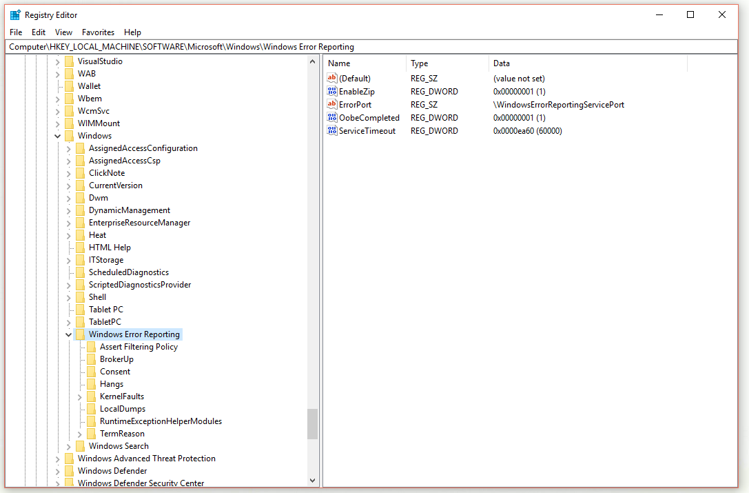 localize a chave do Relatório de Erros do Windows no Editor do Registro