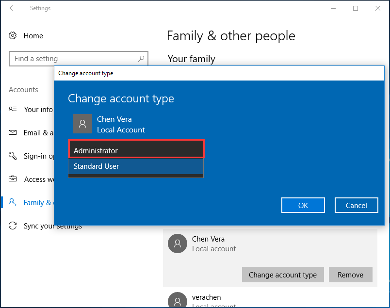 modifier le type de compte dans Windows 10