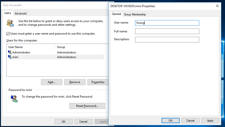 alterar o nome de usuário do Windows 10 na janela Contas de usuário