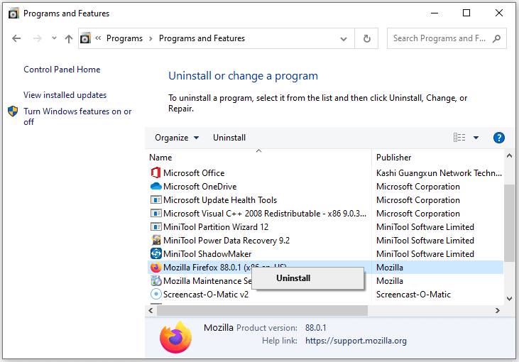 удалить Firefox из панели управления