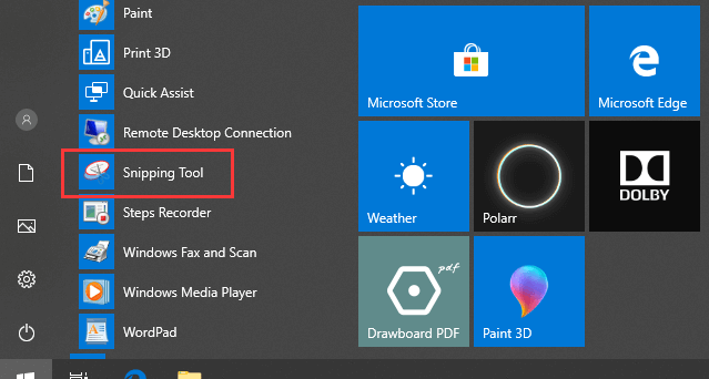 откройте Snipping Tool Windows 10 из меню Пуск