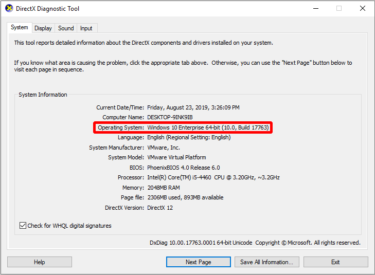 verifique a versão do Windows com a ferramenta DirectX Diagnostic