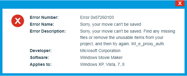 Ошибка Movie Maker 0x87260103