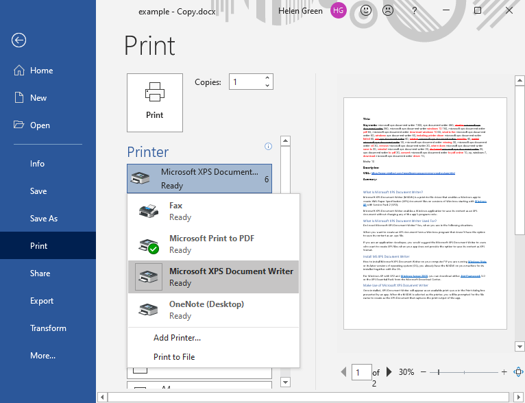 печать с помощью Microsoft XPS Document Writer