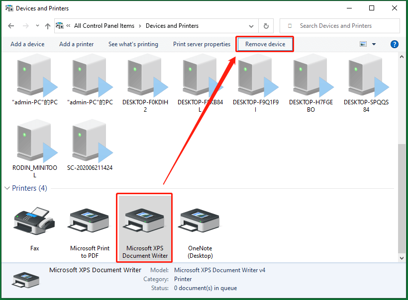 remover o gravador de documentos Microsoft XPS
