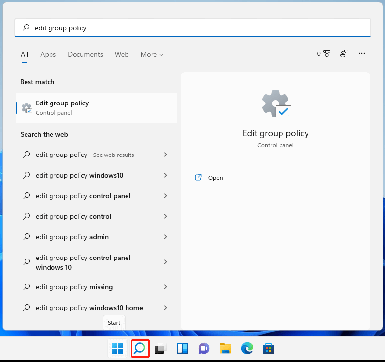 Откройте редактор групповой политики Windows 11 через поиск Windows.