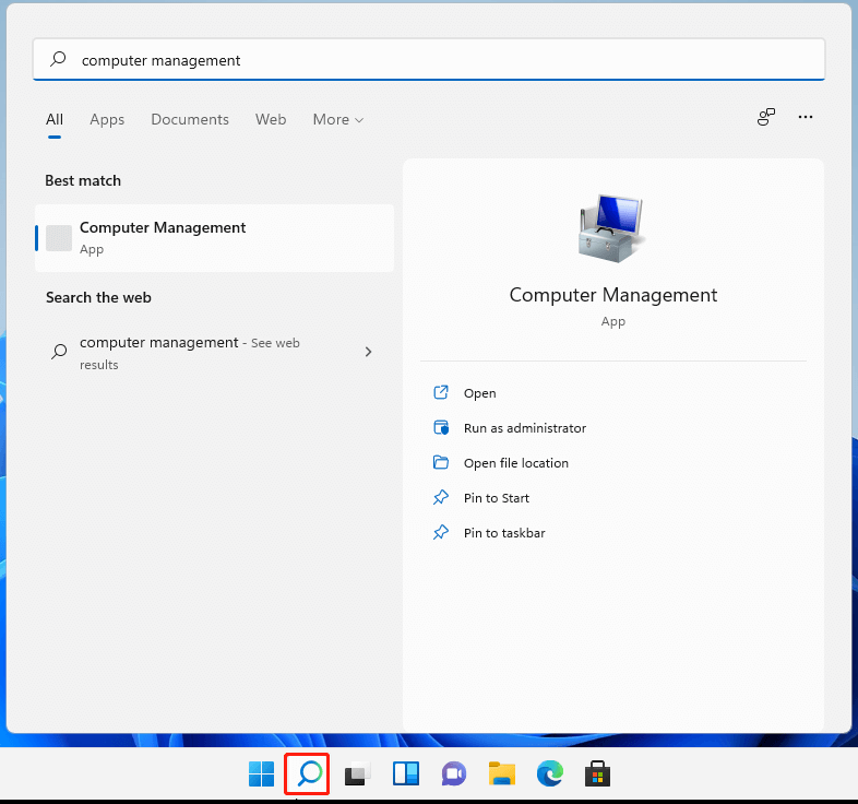 Откройте управление компьютером Windows 11 через поиск