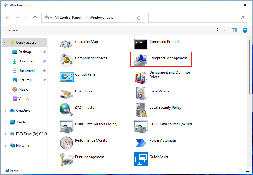 Запустите управление компьютером Windows 11 через панель управления.