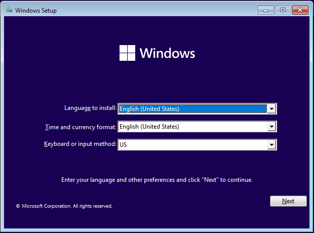 Страница установки Windows 10 21H2
