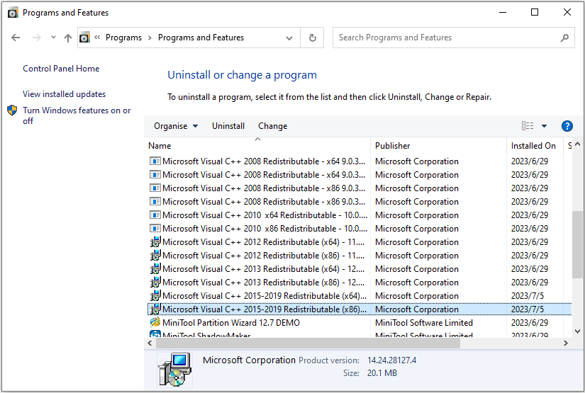 desinstalar pacotes redistribuíveis do Microsoft Visual C++