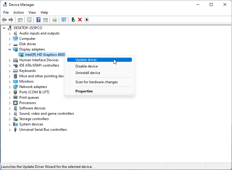atualizar o driver gráfico no Gerenciador de dispositivos do Windows 11