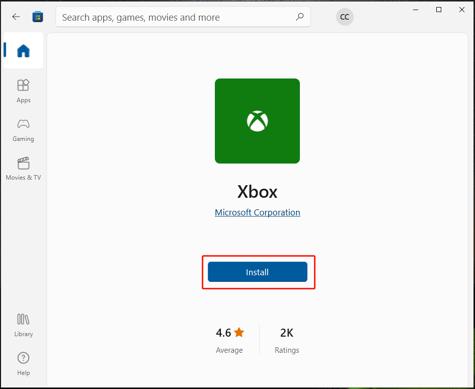 Download do aplicativo Xbox via Microsoft Store