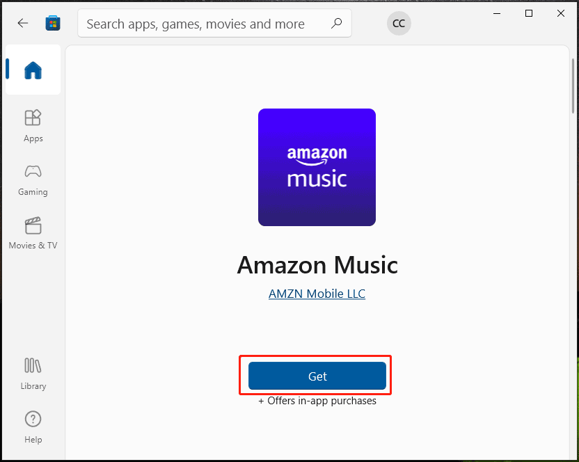 Загрузка Amazon Music для Windows 10 через Microsoft Store