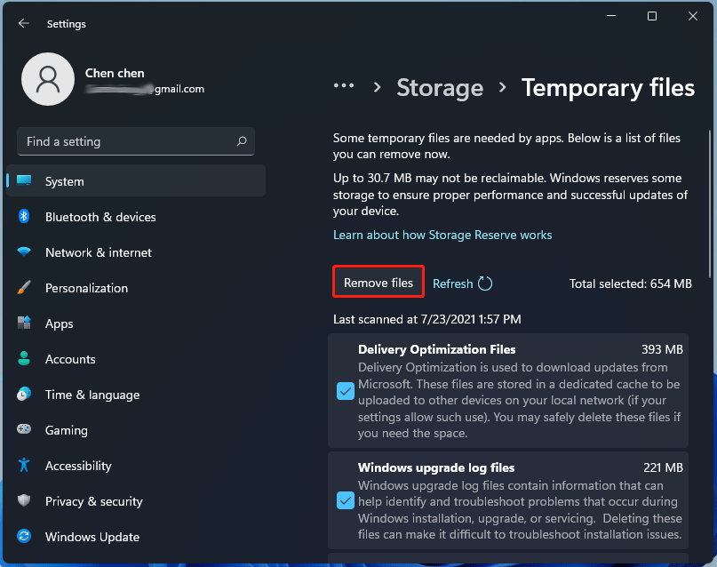 exclua arquivos temporários nas configurações do Windows 11
