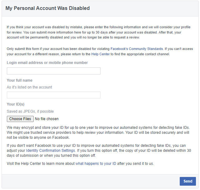 апелляция о восстановлении отключенной учетной записи Facebook