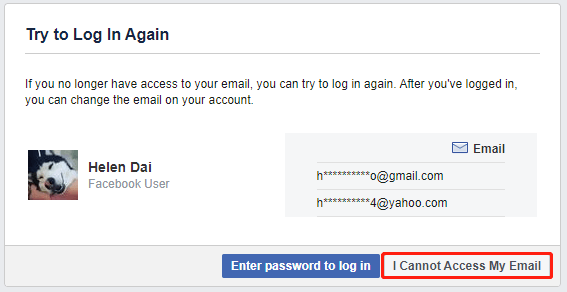 escolha Não consigo acessar meu e-mail no Facebook