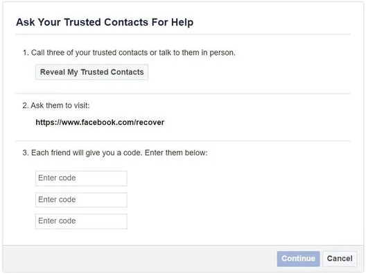 восстановить учетную запись Facebook с помощью доверенных контактов