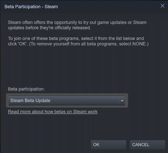 kliknij aktualizację beta Steam