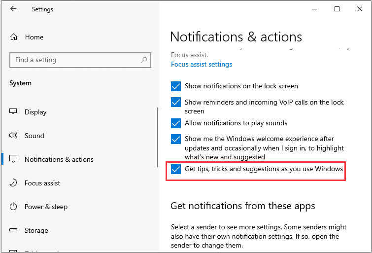 снимите флажок «Получать советы, рекомендации и предложения при использовании Windows».