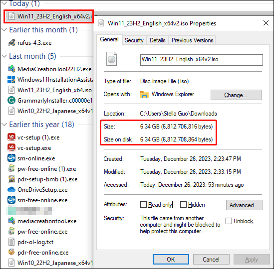 Размер Windows 11 23H2, загруженный ISO-файл