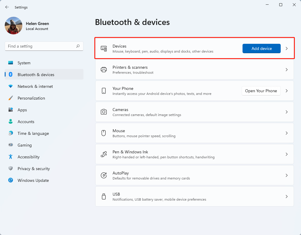 selecione dispositivos nas configurações de Bluetooth e dispositivos do Windows 11