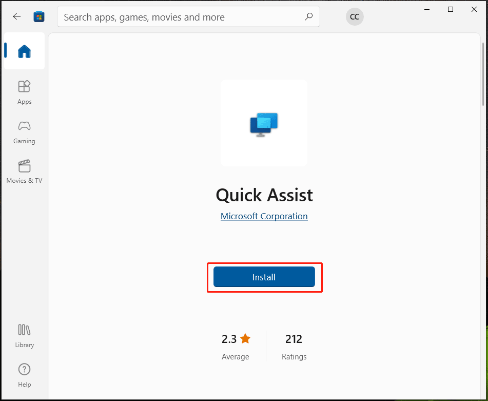 Instalação de download do Quick Assist