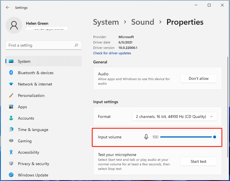 изменить громкость входного звука Windows 11
