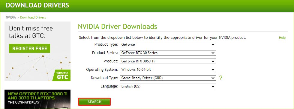 Download de drivers RTX 3060 através do site da NVIDIA