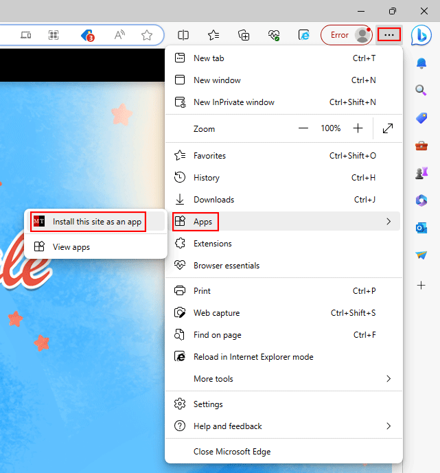 сохранить как приложение с помощью Microsoft Edge