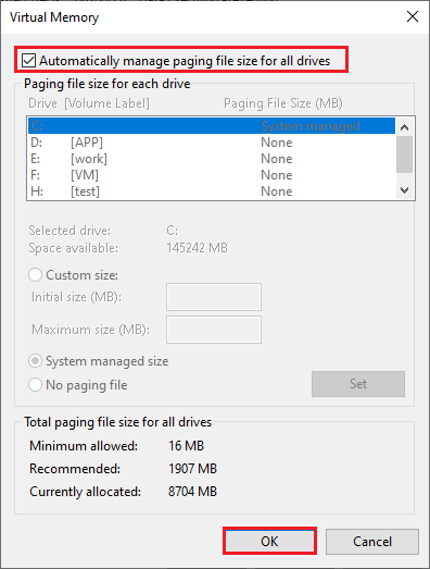 selecione Gerenciar automaticamente o tamanho do arquivo de paginação para todas as unidades