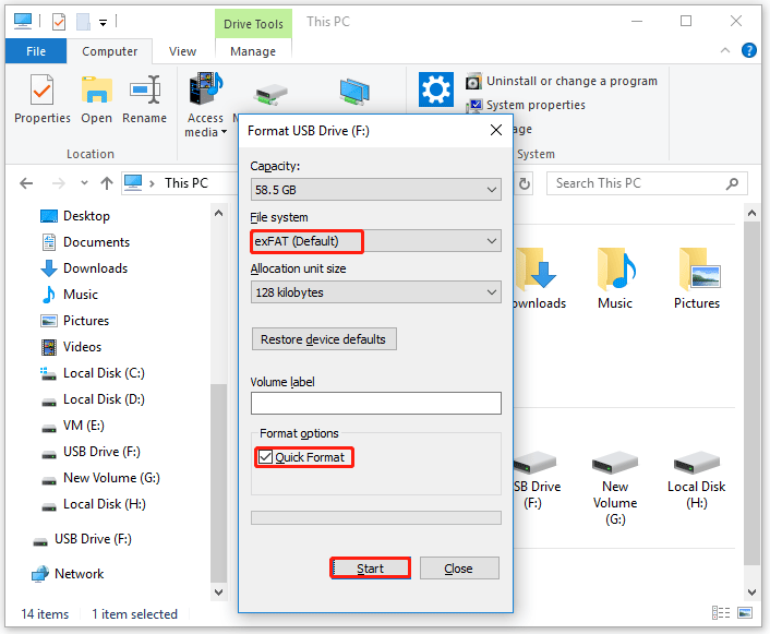 formate um cartão SD ou unidade USB através do File Explorer