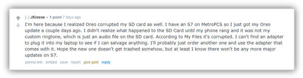 tarjeta sd dañada después de la actualización de Android en reddit