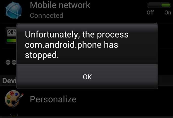 processen med Android-telefon stoppet