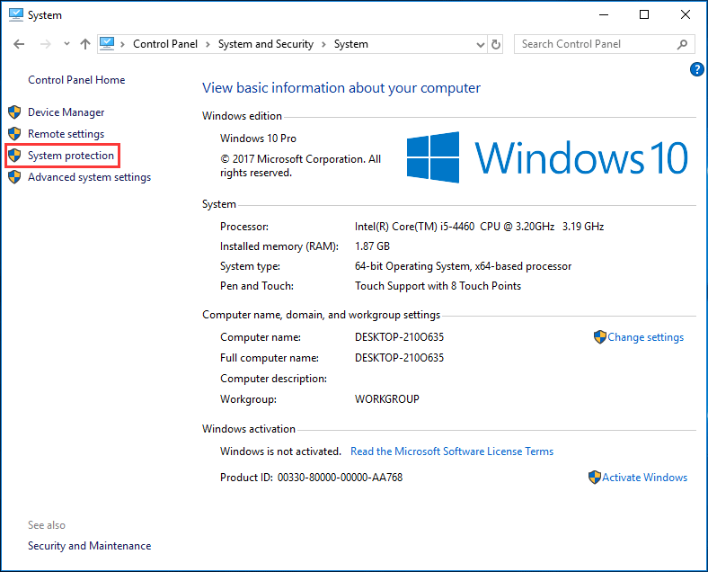aktivere systembeskyttelse i Windows 10