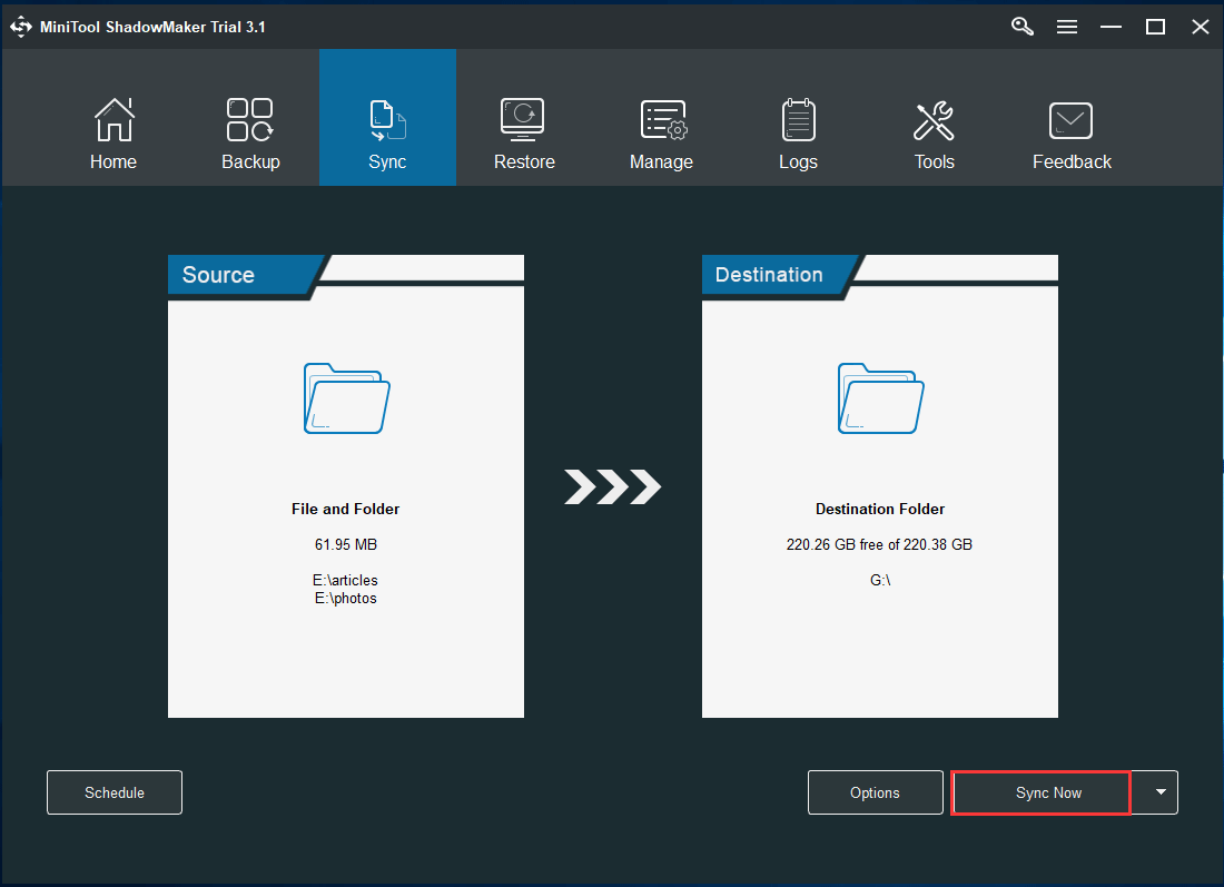 segerakkan folder ke pemacu luaran dengan MiniTool ShadowMaker