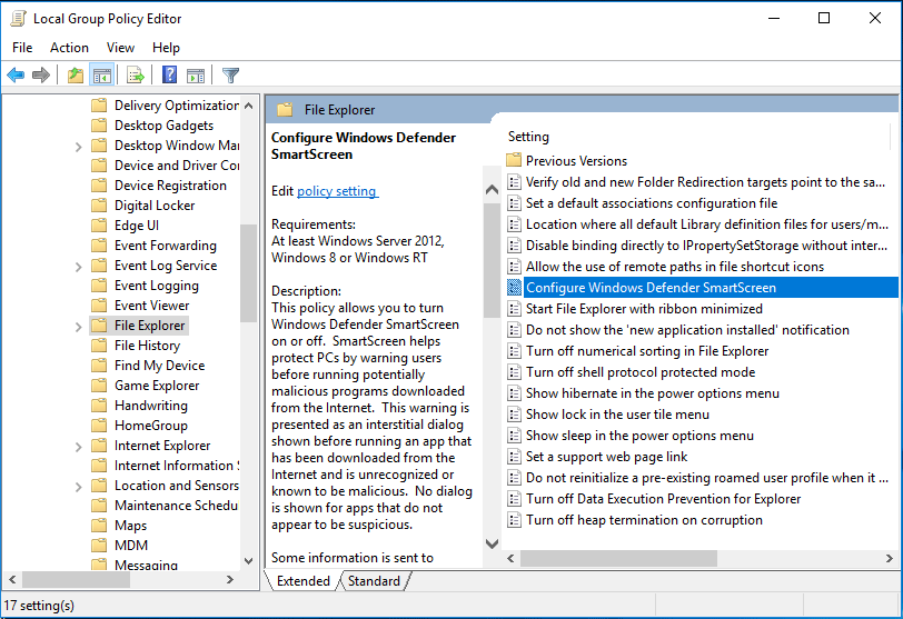 Konfigurasikan Skrin Pintar Windows Defender