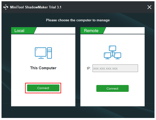 kjør MiniTool ShadowMaker prøveversjon
