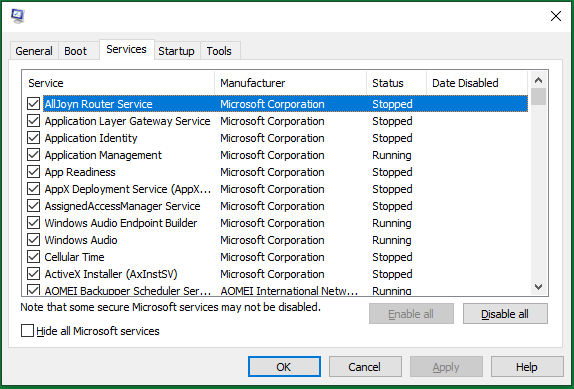 Tjenestefanen i Windows MSConfig