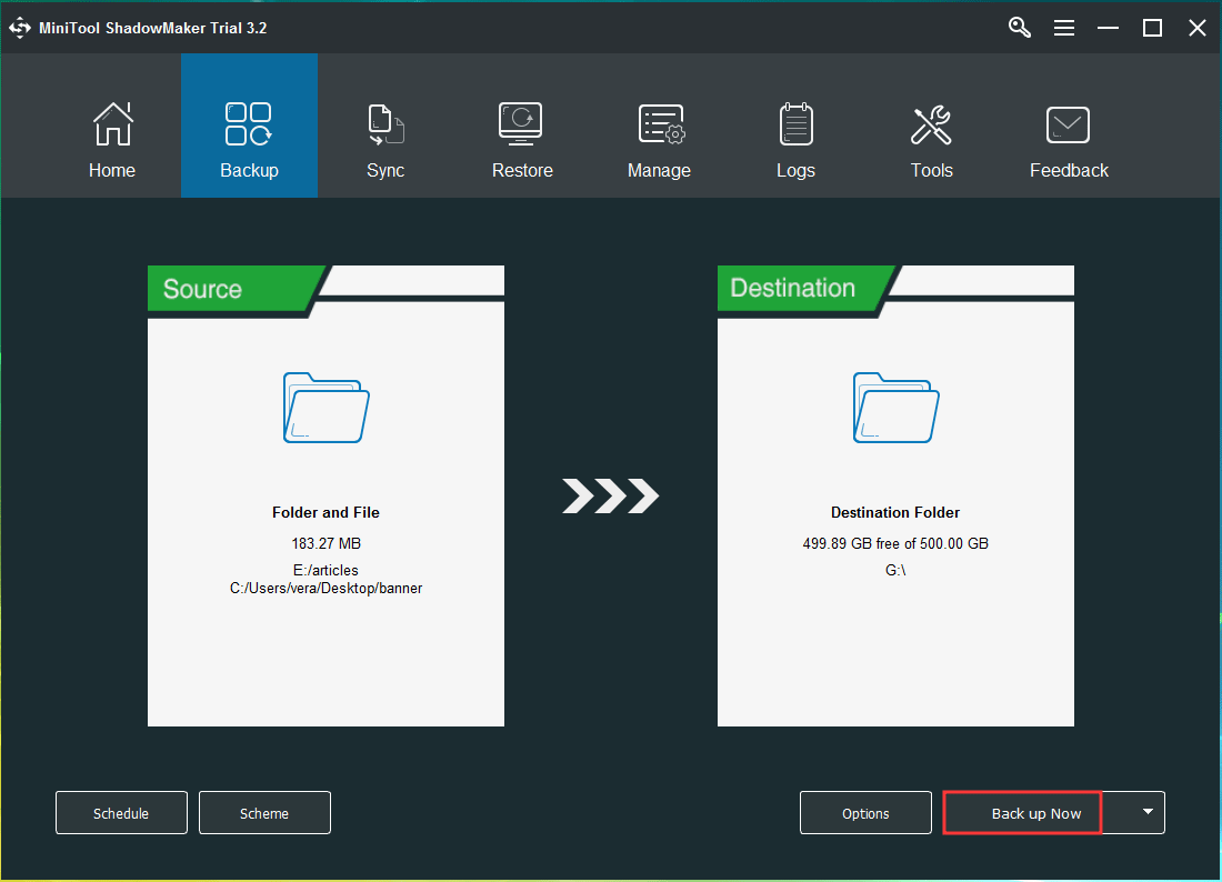 MiniTool ShadowMaker विस्टा में फाइलों का बैकअप लेती है