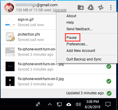 pausar o Backup e sincronização do Google Drive