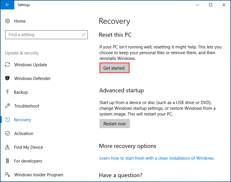resetujte tento počítač v systéme Windows 10