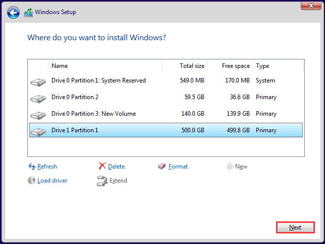 selecione a unidade para instalar o Windows 10