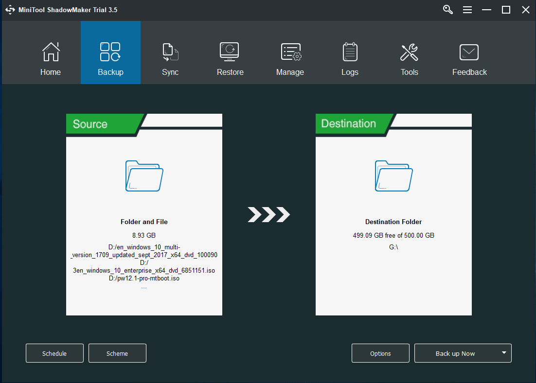 MiniTool ShadowMaker varmuuskopioi tiedostot