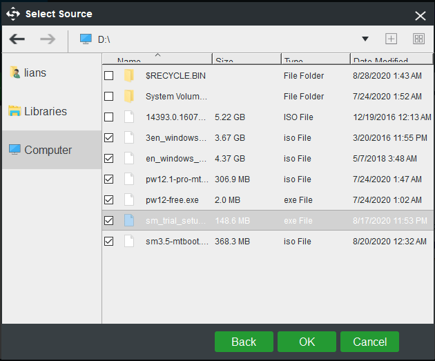escolha os arquivos para fazer backup com MiniTool ShadowMaker